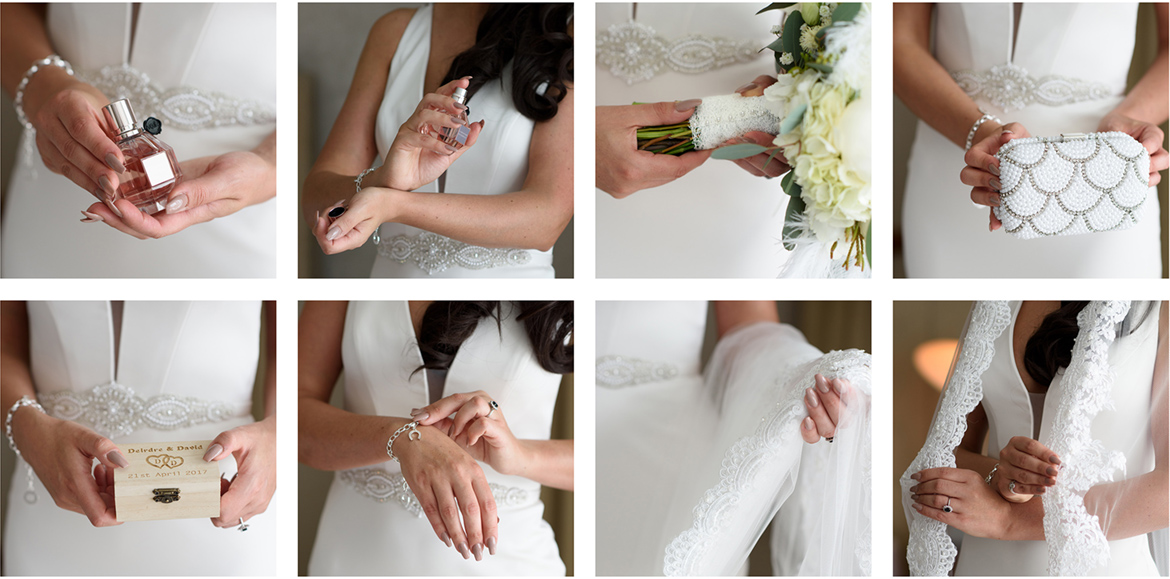 Photos of brides jewelry perfume bouquet handbag veil and wedding dress