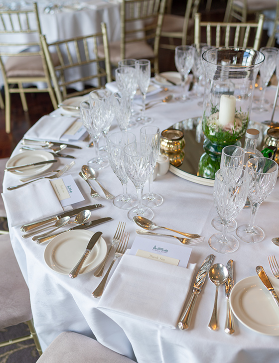 glenlo abbey wedding venue photo of table setting in the corrib suite